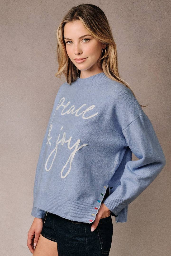 Mock Neck Long Sleeve Peace &amp; Joy Novelty Knit Sweater: Blue / L