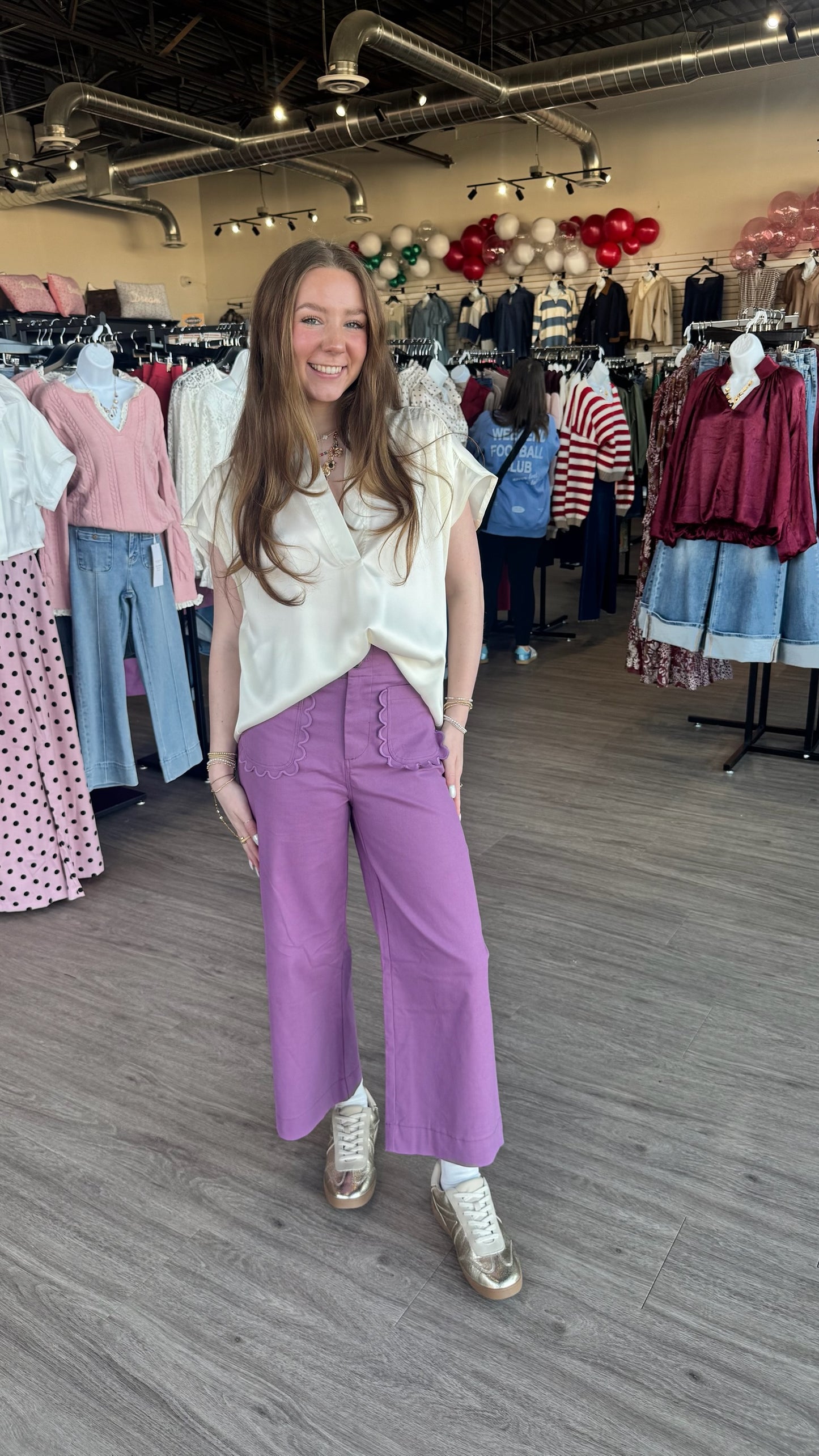 Lilac Cropped Wide-Leg Scallop Pocket Detail Pants