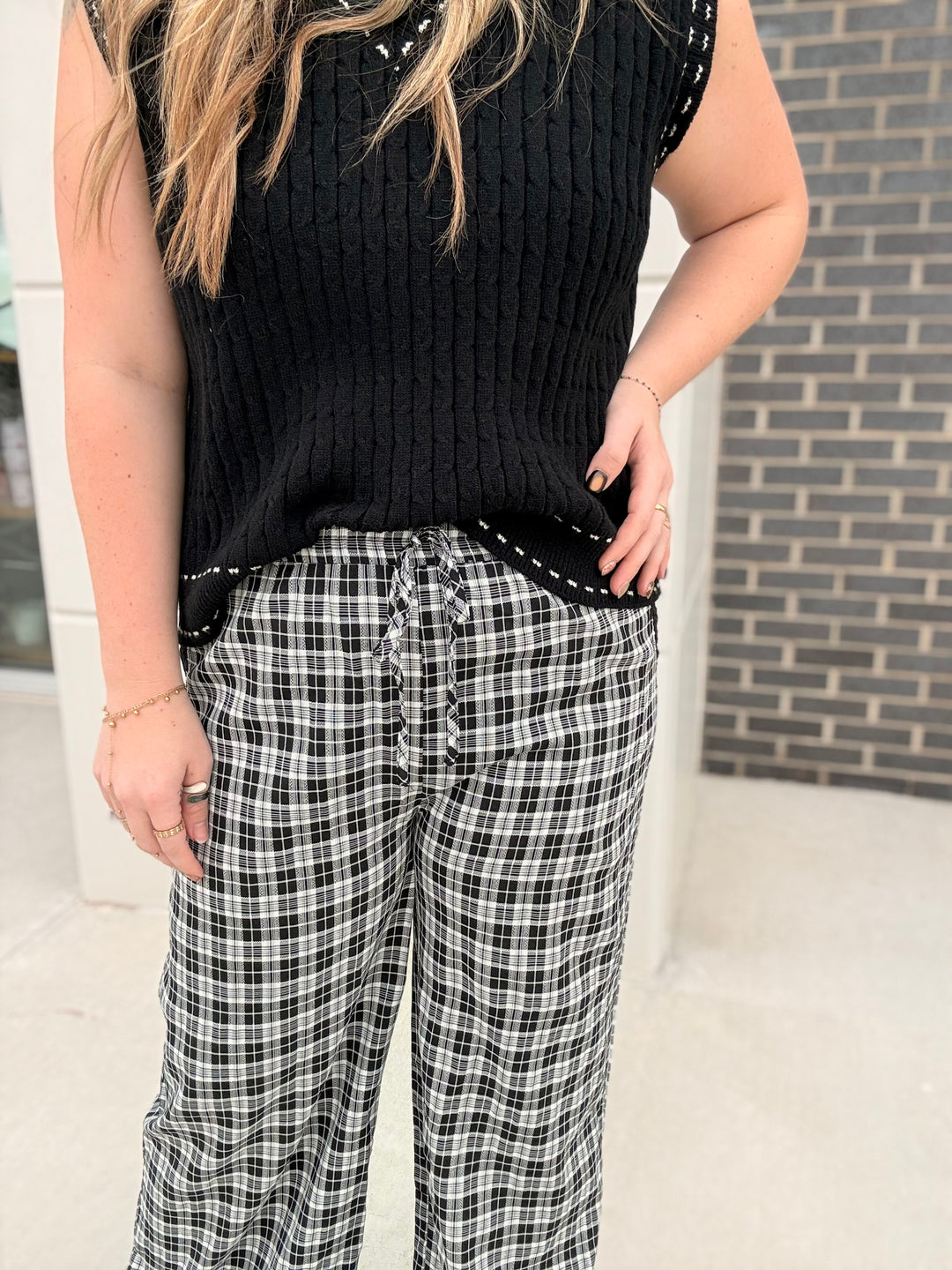 Black Plaid Laced Down Pants