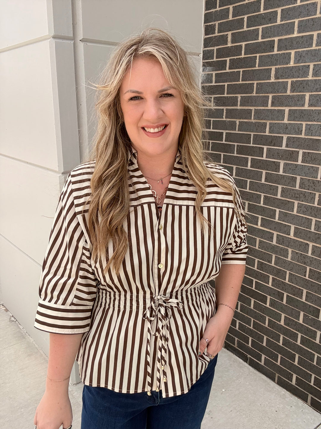 Mocha Striped Tie Waist Blouse