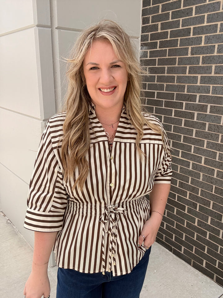 Mocha Striped Tie Waist Blouse