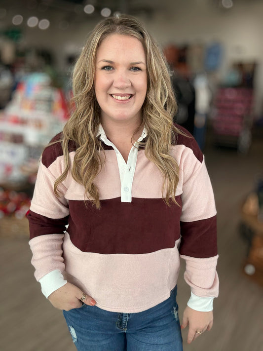 Black Friday- Pink/Burgundy Fleece Stripe Top