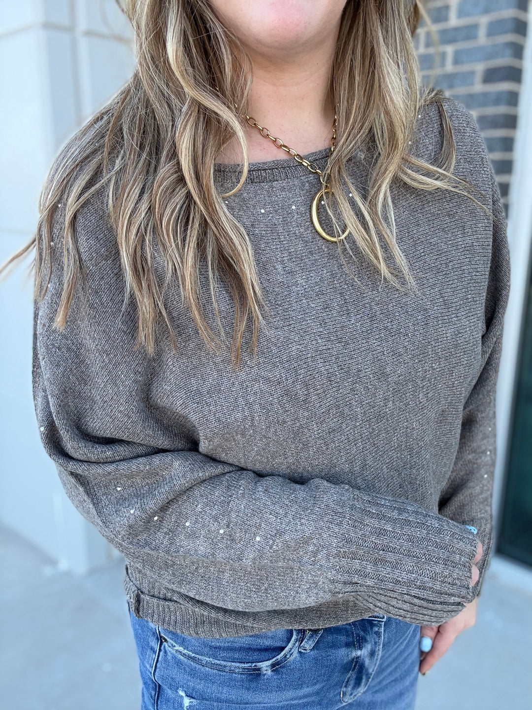Taupe Wide Boat Neck Studded Sweater