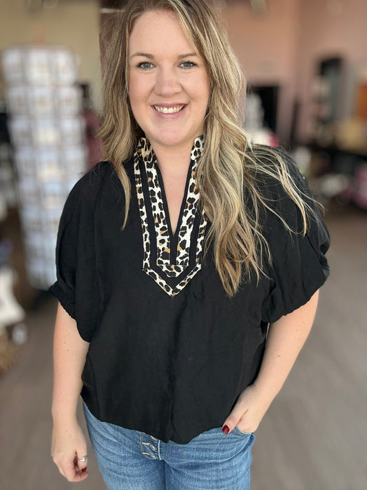 Black Dolman Top w/Leopard Neck