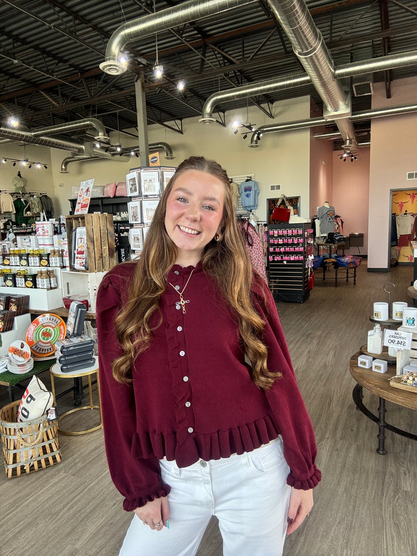 Wine Ruffle Trim Cardigan