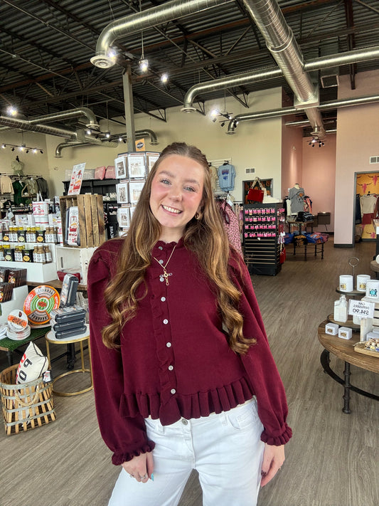 Wine Ruffle Trim Cardigan