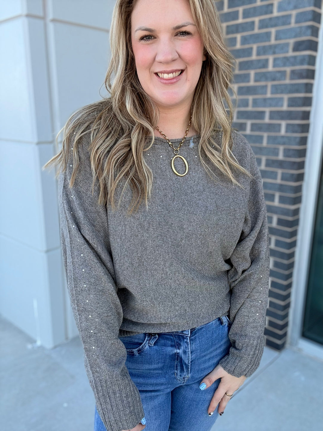 Taupe Wide Boat Neck Studded Sweater