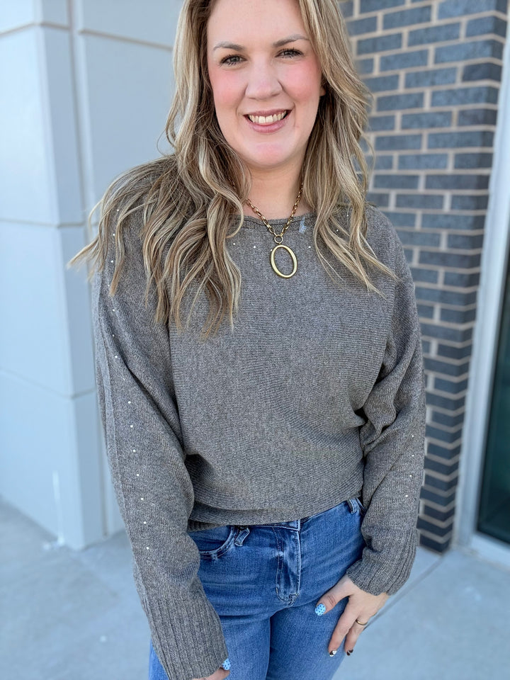 Taupe Wide Boat Neck Studded Sweater
