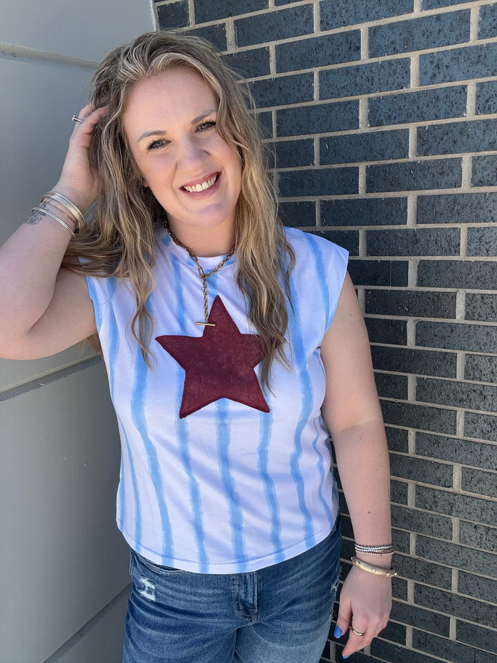 Star Patch Striped Sleeveless Knit Top: