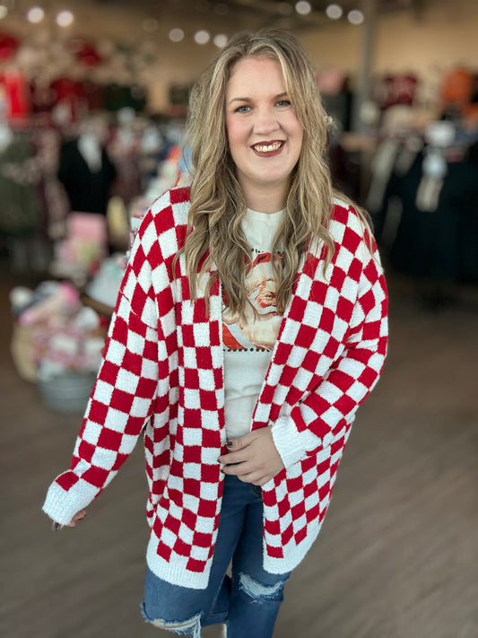 Red White Checkered Cozy Cardigan