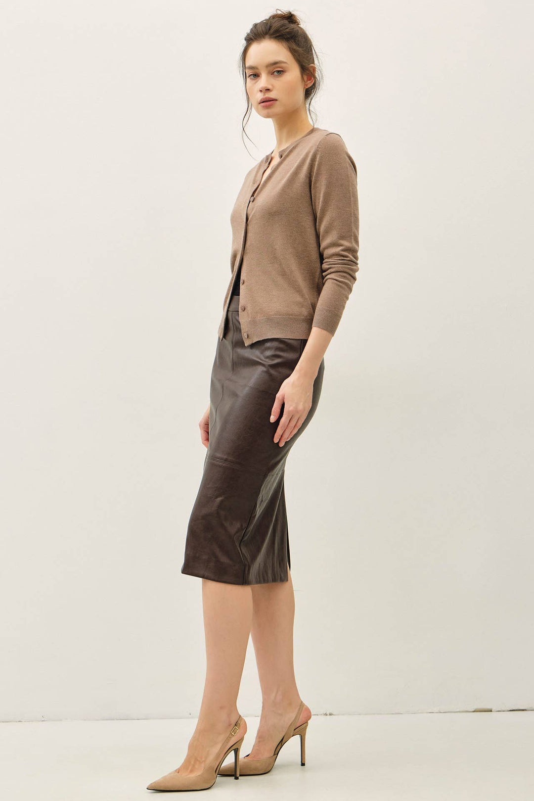 FAUX LEATHER KNEE LENGTH PENCIL SKIRT : Brown / L