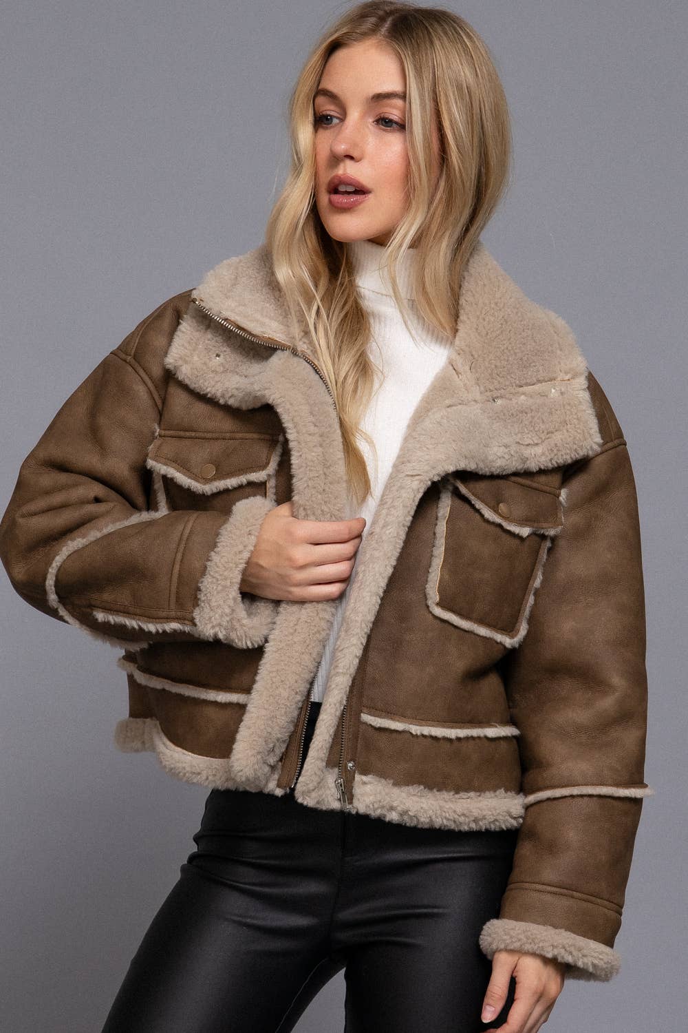 Chestnut Faux Leather Fur Trim Jacket