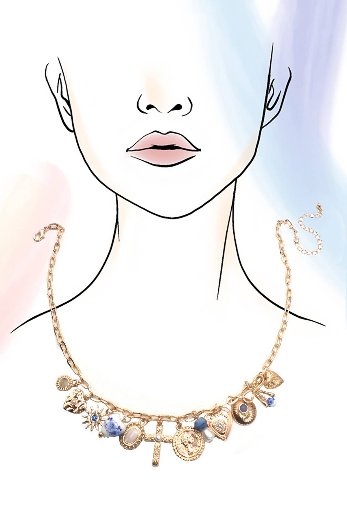 Cross & Coin Heart Charm Necklace