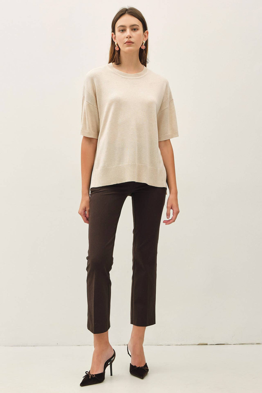 WOOL BLENED BOXY FIT SHORT SLEEVE SWEATER TOP : OATMEAL / L