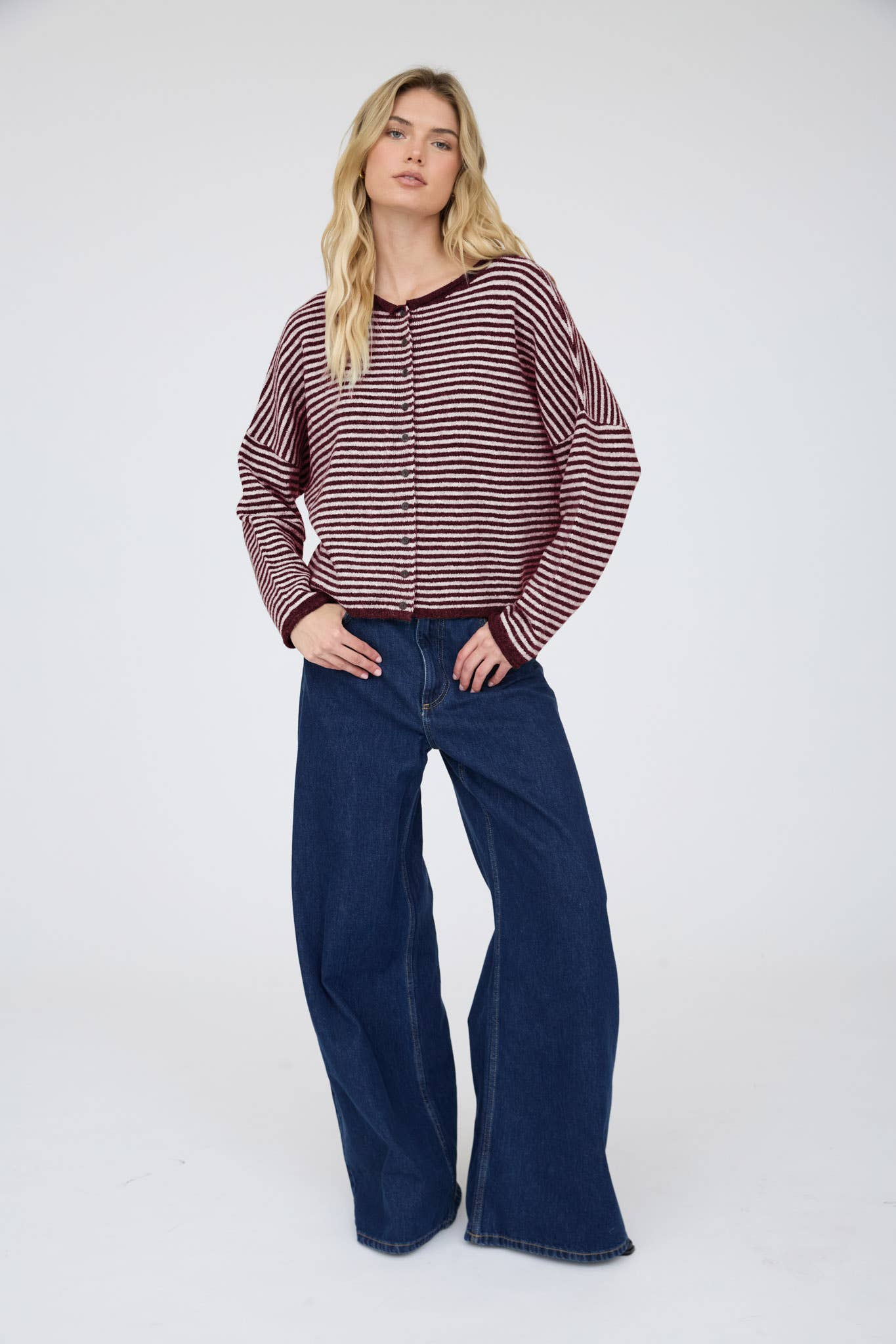 STRIPE RAW EDGE DROP SHOULDER KNIT CARDIGAN : DUSTY BLUE