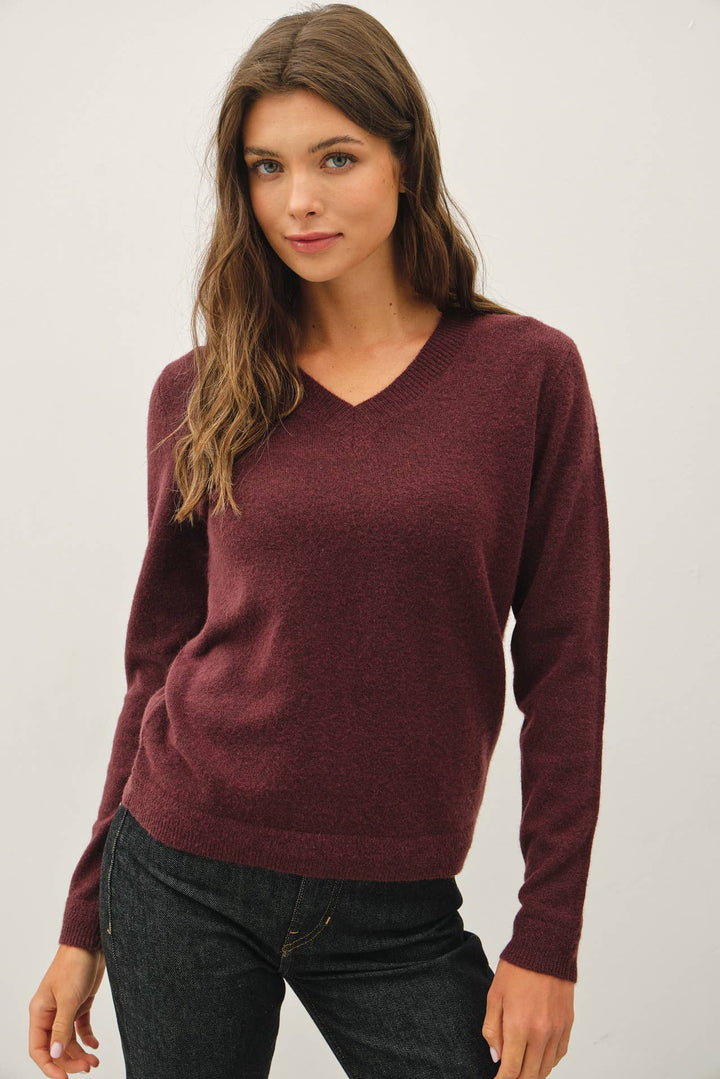 WOOL TOUCH CUFF POINTED V-NECK SWEATER: DUSTY BLUE / S