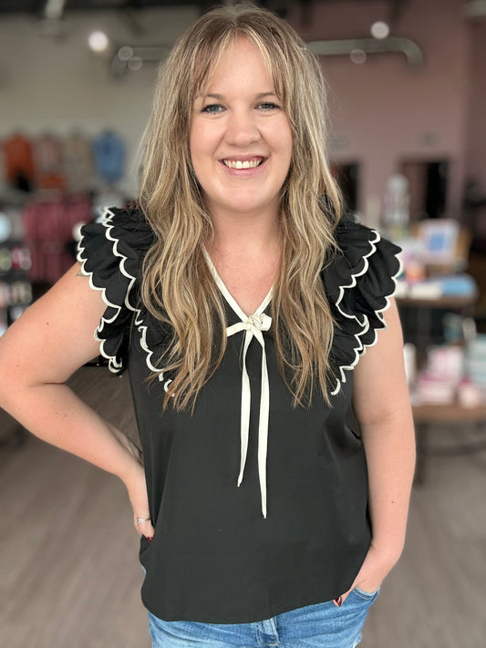 Black Scallop Ruffle Top