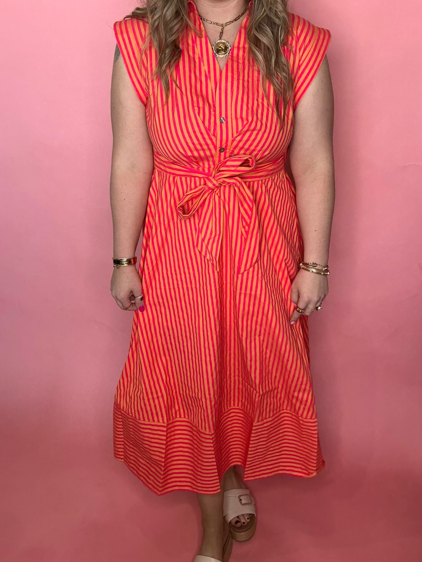 Hot Pink Stripe Tie Midi Dress