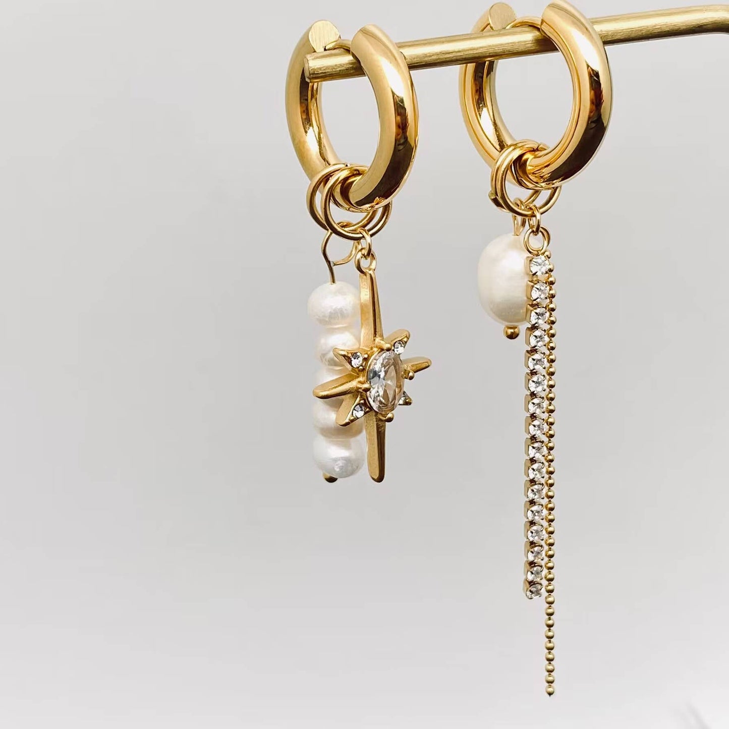 Pearl Zircon Star Charm 18 Gold Plated Earrings