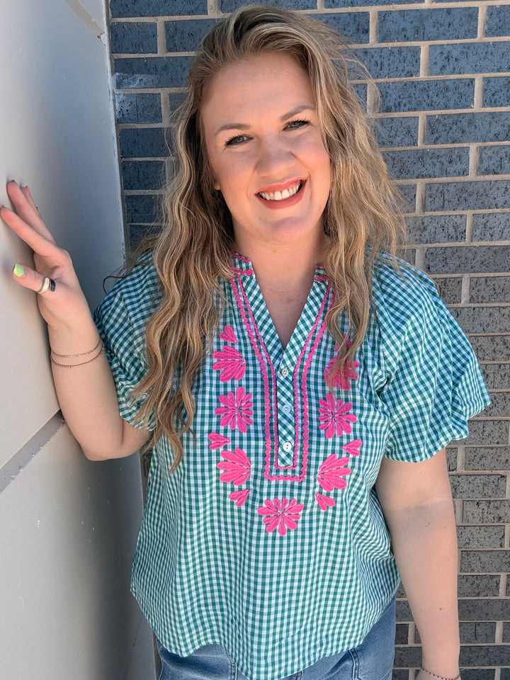 Green Gingham Pink Embroidered Flower Blouse