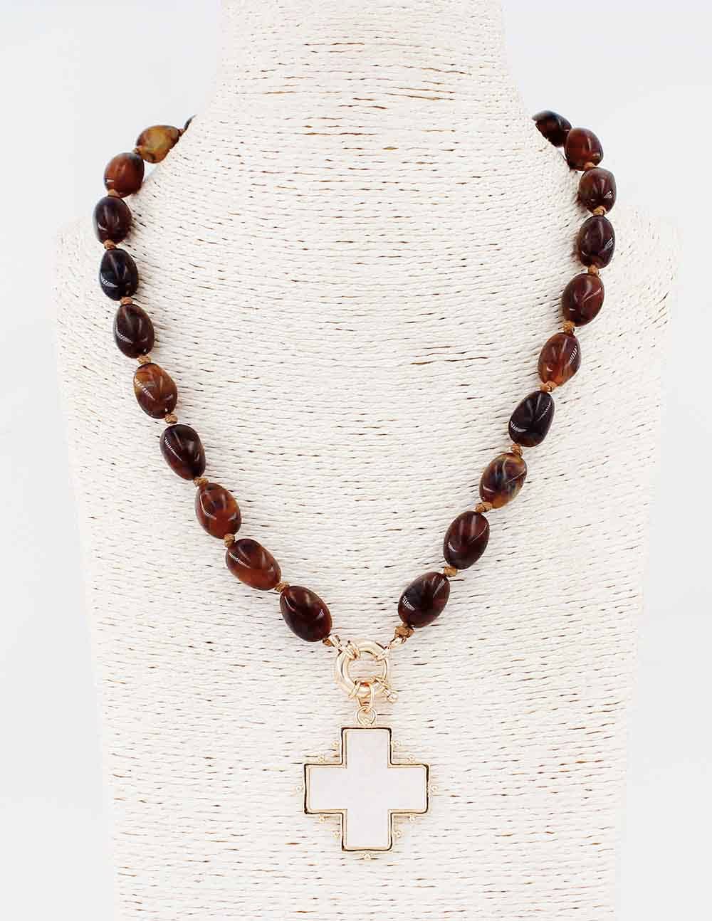 Brown Acrylic Beaded with Pearlized White Cross Necklace