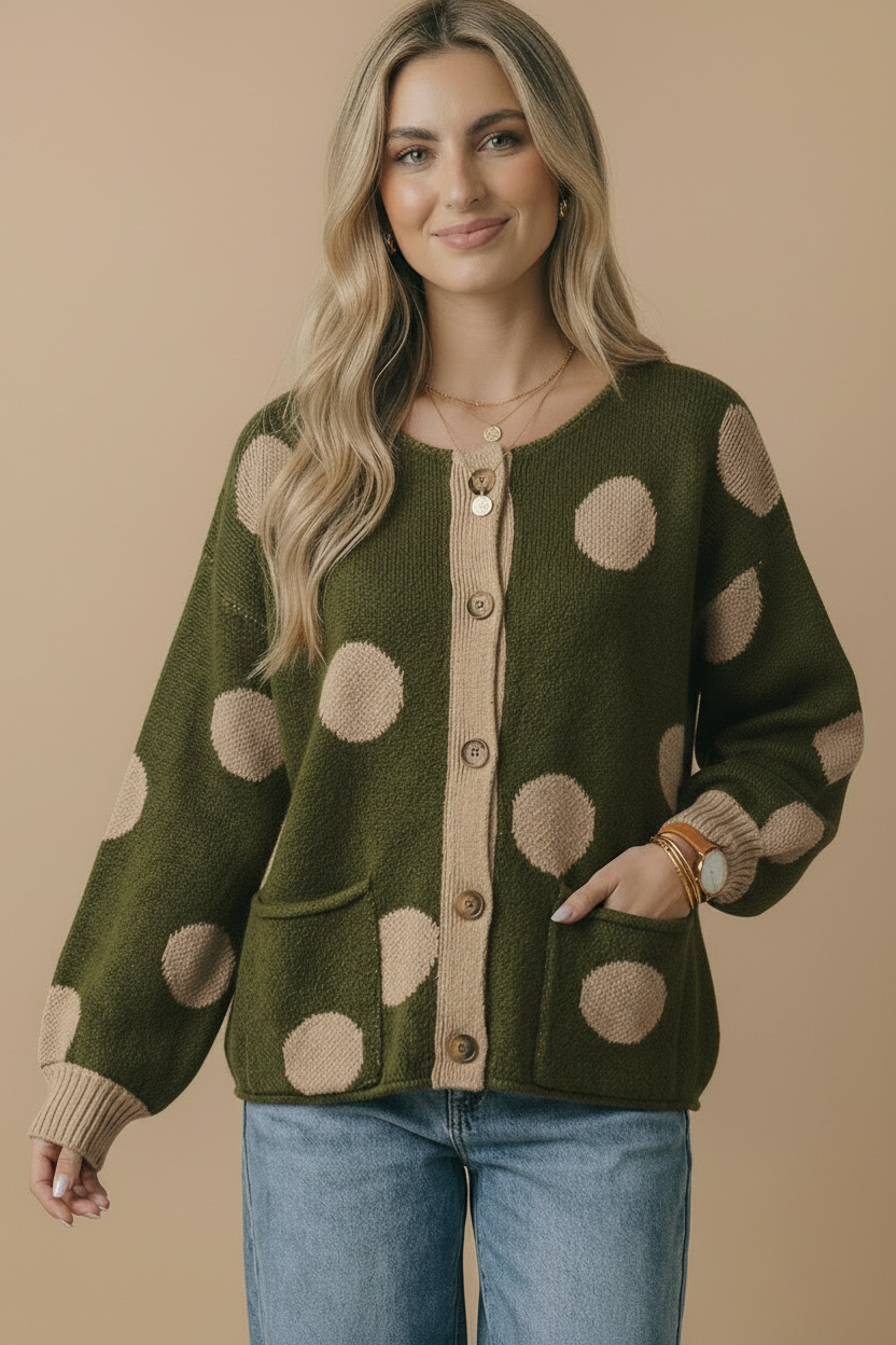 Button Down Polka Dot Jacquard Cardigan: BRUNETTE / S