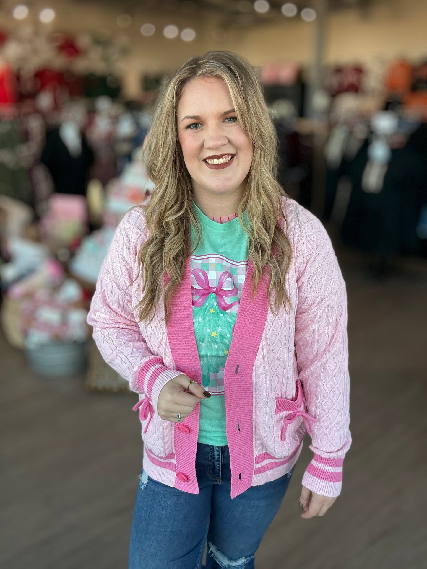 Pink Bow Cable Knit Cardigan