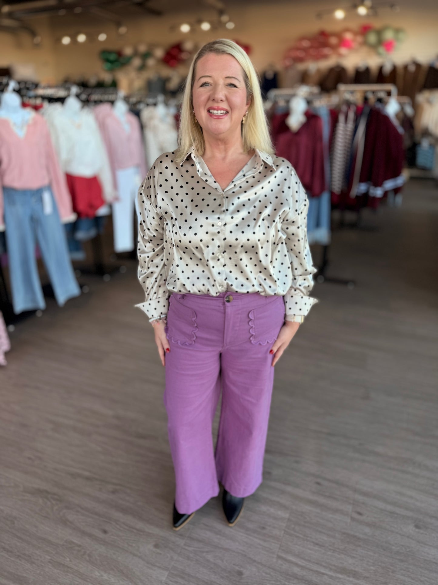 Cream Satin Polka Dot Blouse