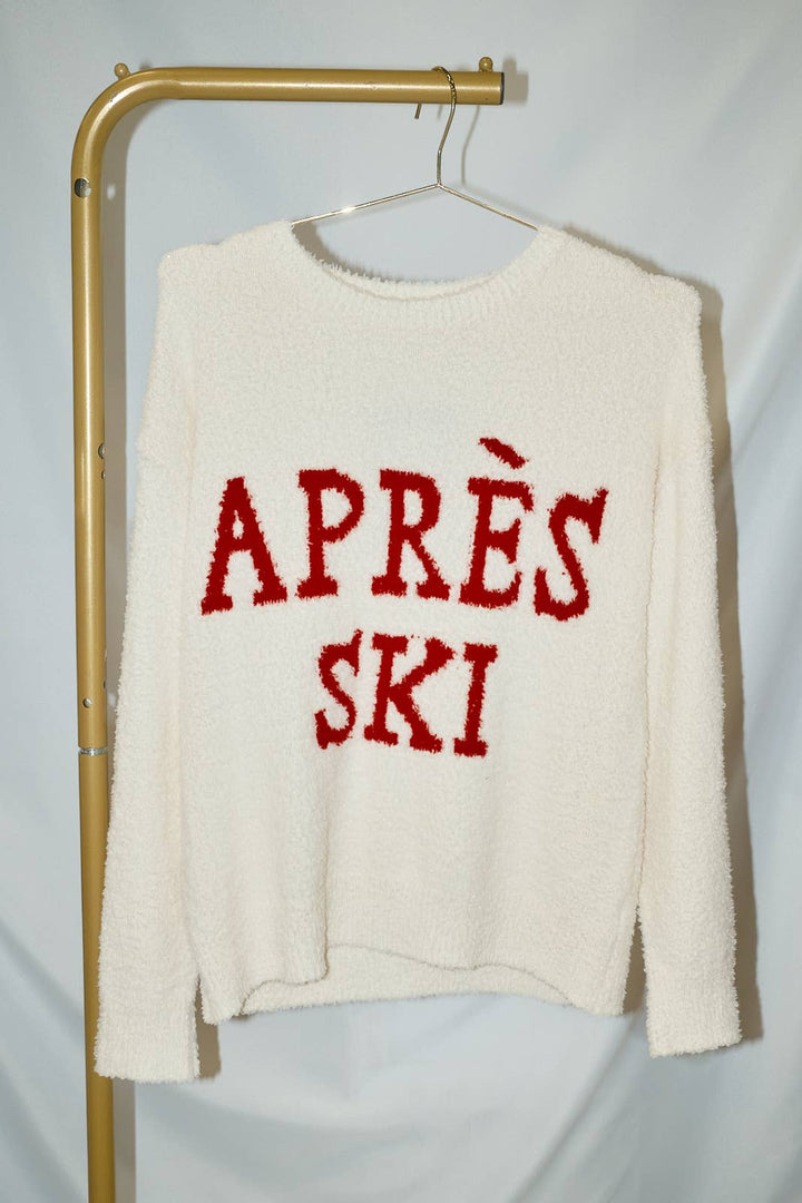 Apres Ski Fuzzy Crew Neck Long Sleeve Pullover Sweater: CREAM-RED / L