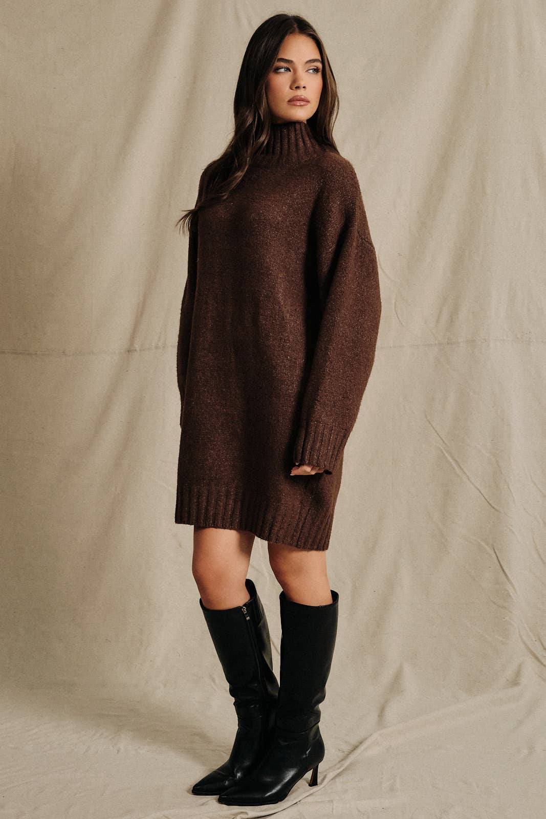 Oversized Turtleneck Long Sleeve Knit Sweater Dress: HUNTER GREEN / L