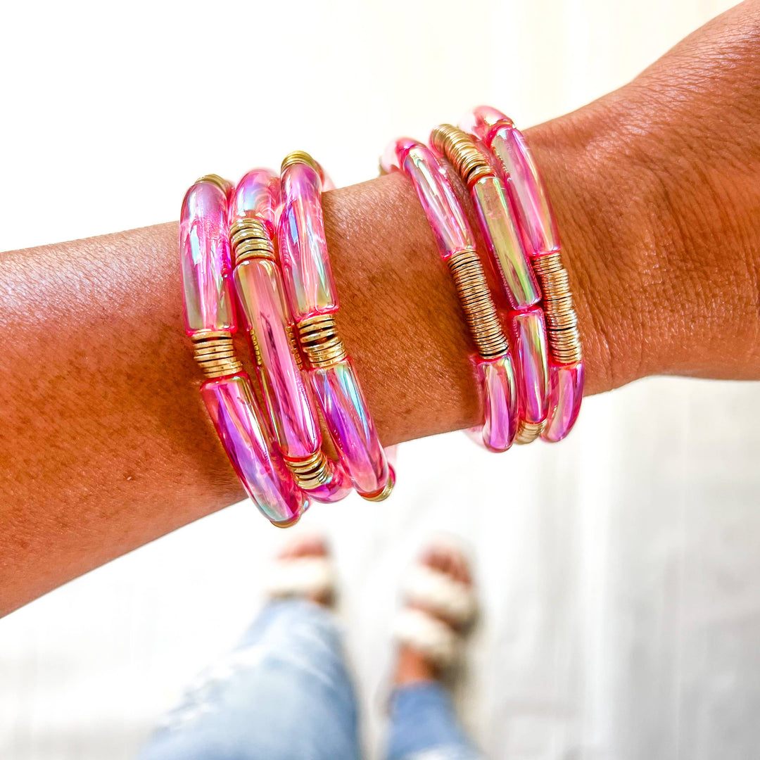 Metallic Clear Pink Tube Bamboo Bracelet