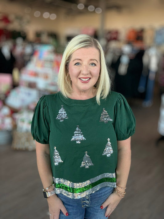 Green Sequin Tree Curved Hem Top