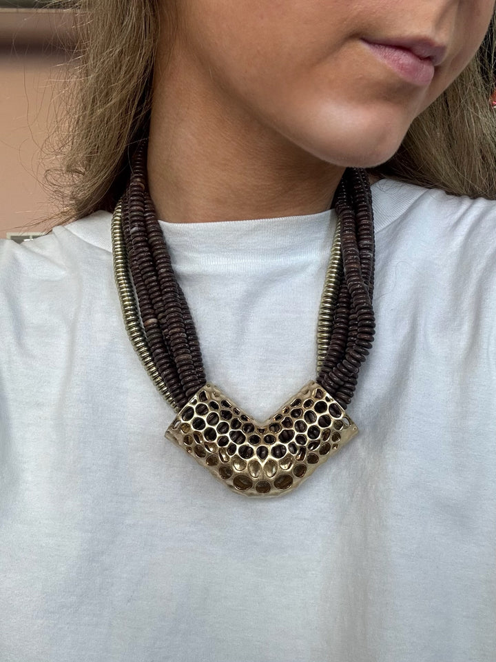 Dark Brown Metal Bead Pendant Multi Strand Necklace