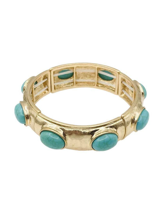 Turquoise Oval Stone on Hammered Gold Stretch Bracelet