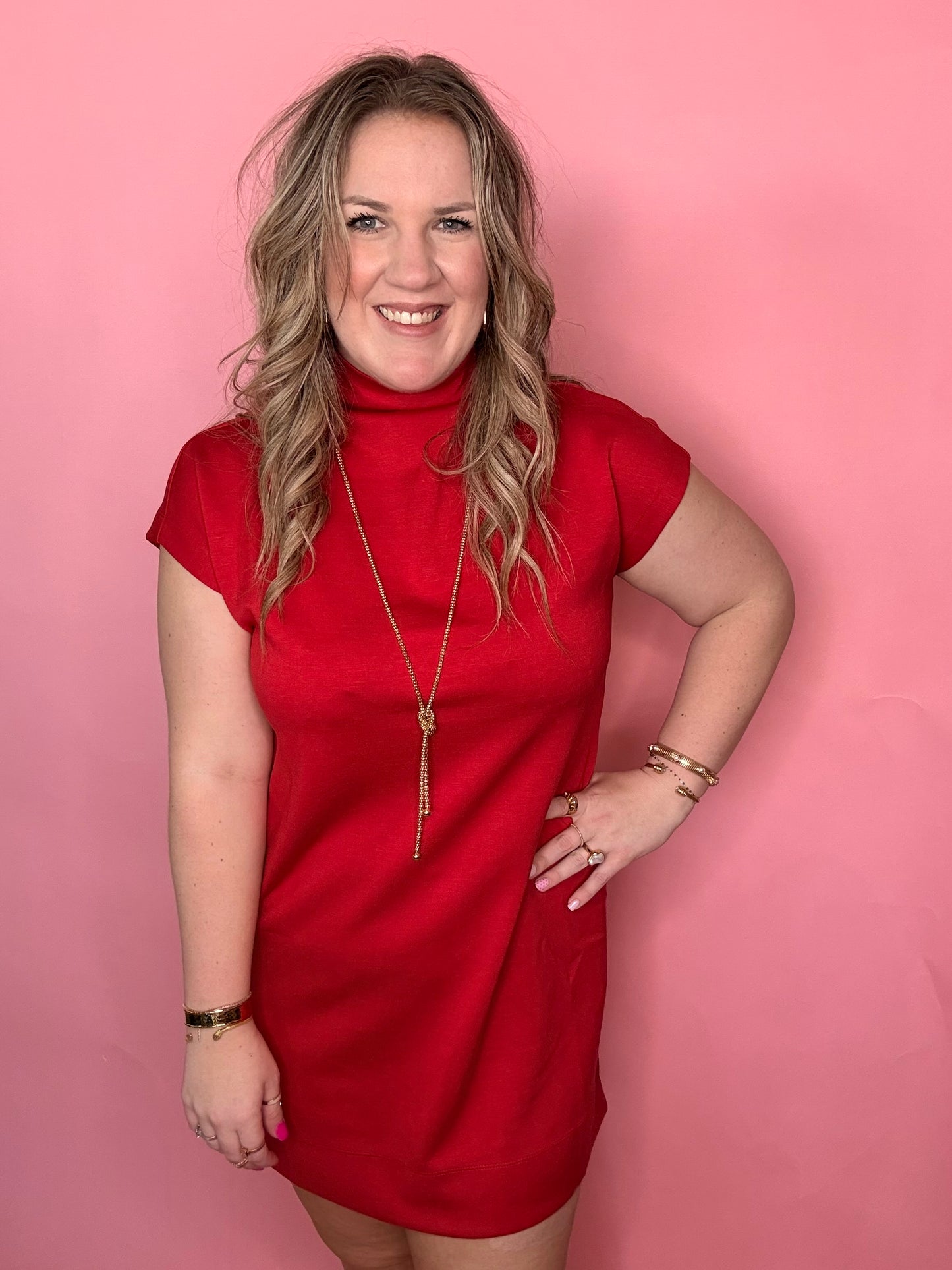 Red Scuba Mock Neck Dress