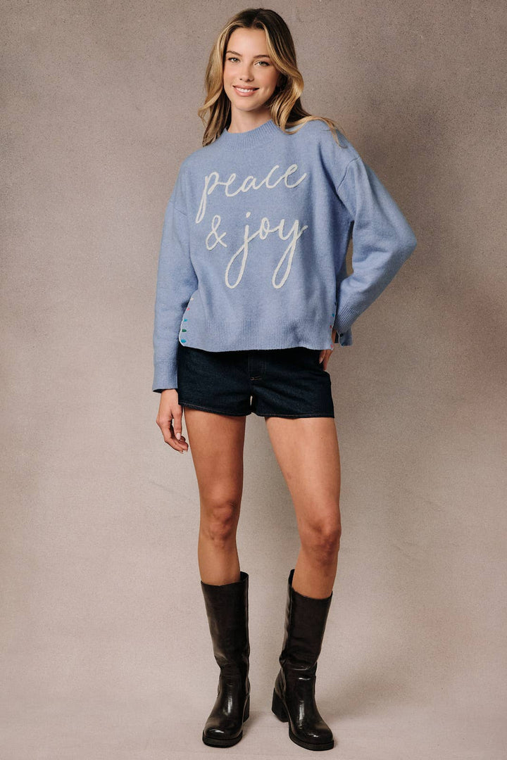 Mock Neck Long Sleeve Peace &amp; Joy Novelty Knit Sweater: Blue / L