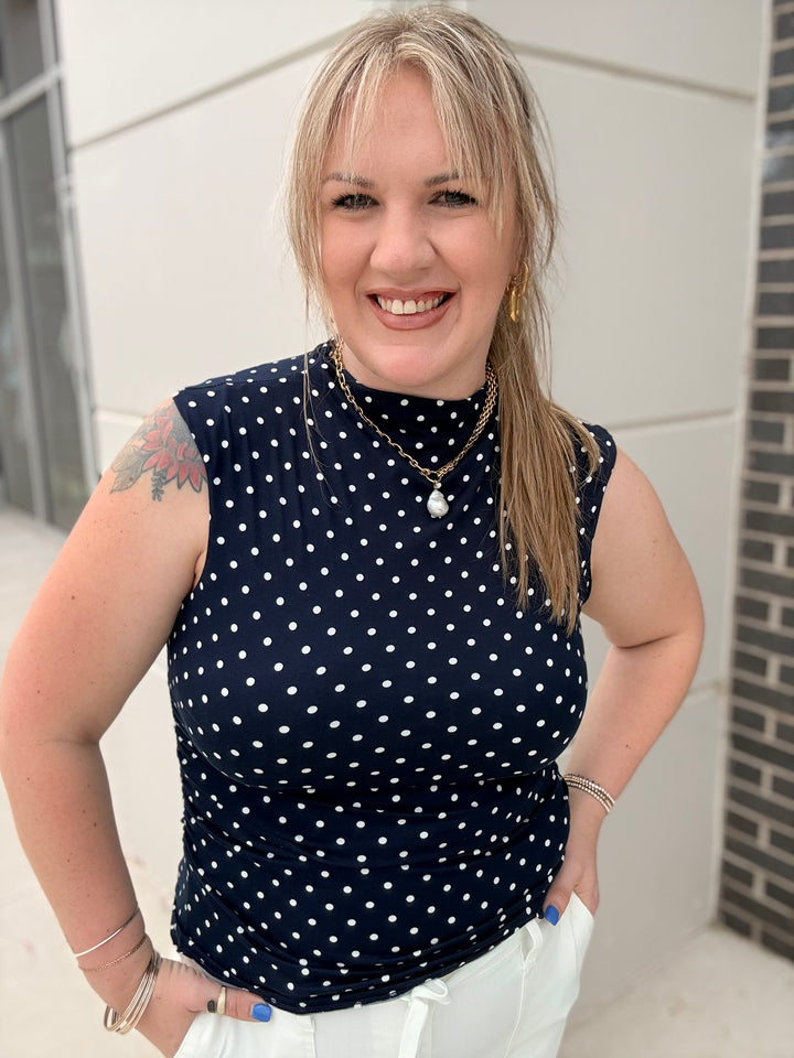 Navy High Neck Polka Dot Top