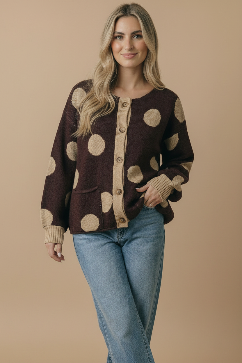 Button Down Polka Dot Jacquard Cardigan: BRUNETTE / S