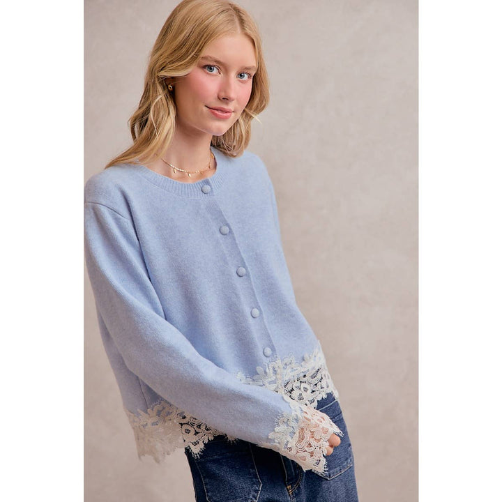 BUTTON DOWN LONG SLEEVE KNIT CARDIGAN WITH LACE TRIM: BLUE / XL