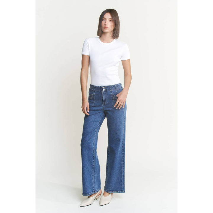 Double Pocket &amp; Button High Rise Wide Mica Jeans