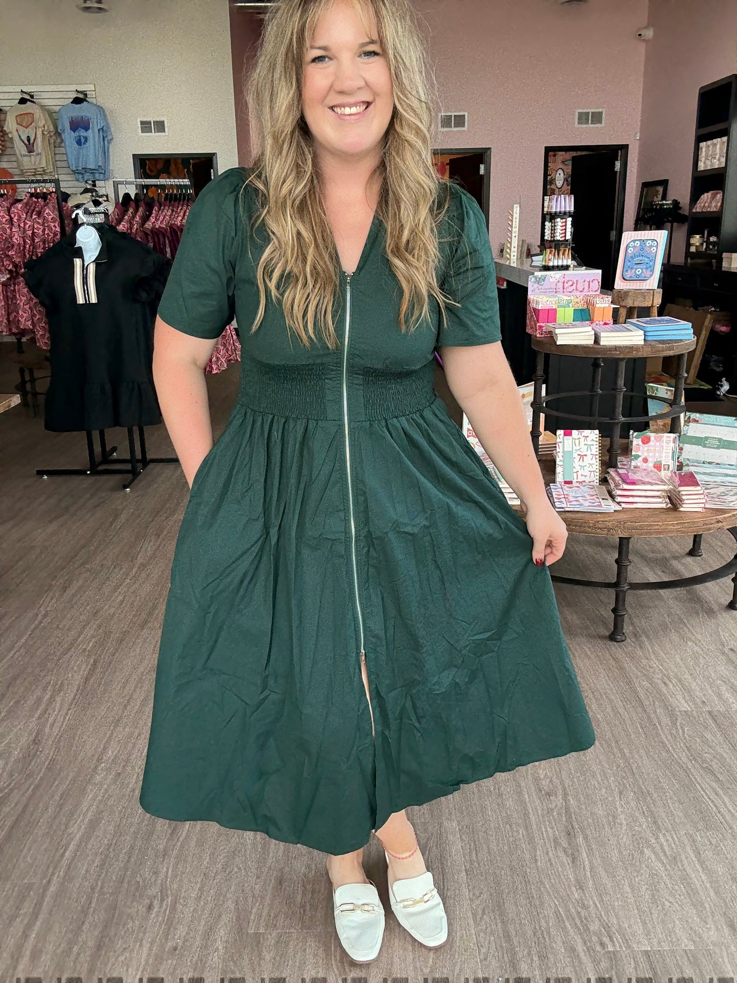 Emerald Midi Dress w/Zip Down