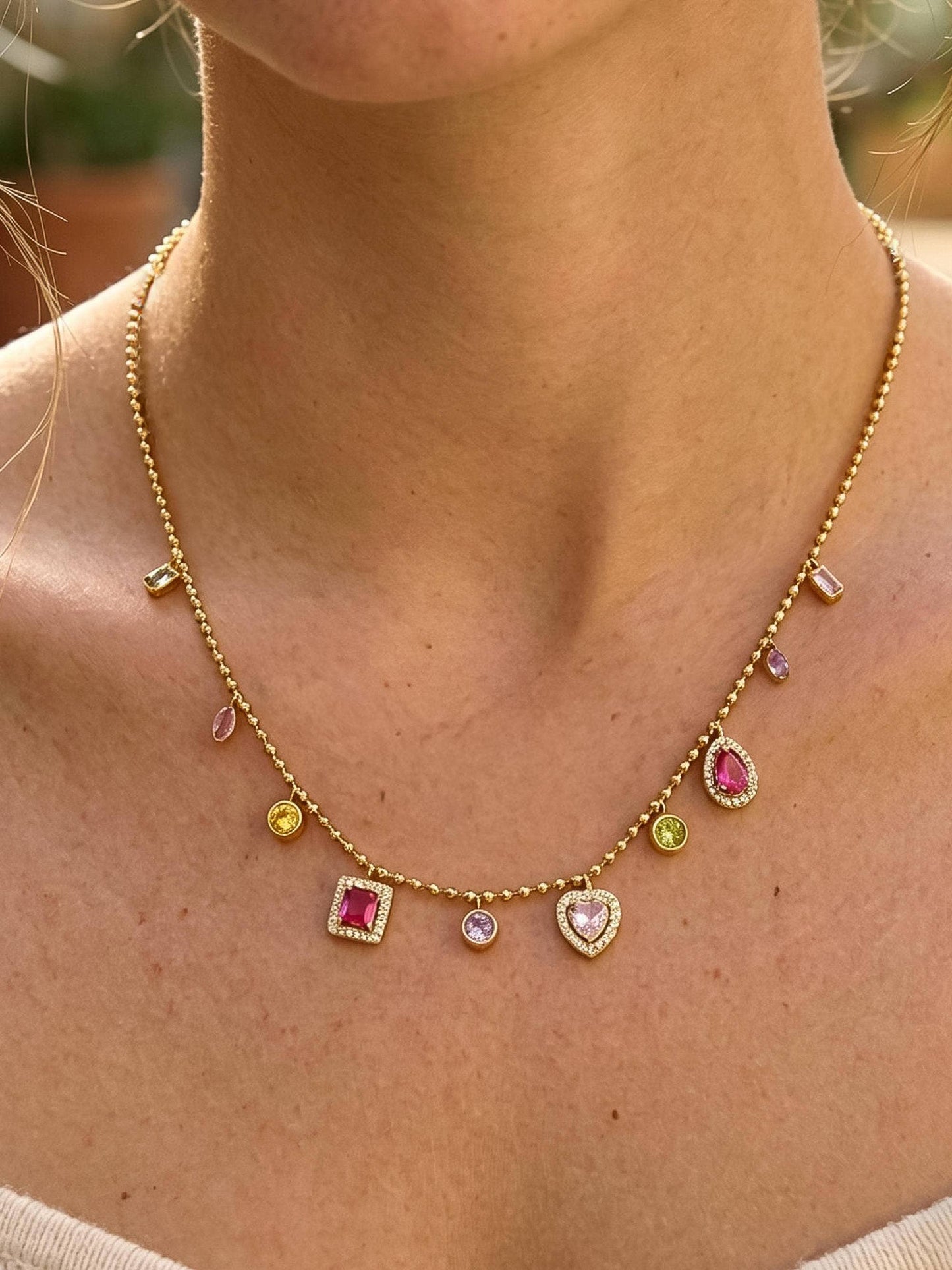 Daiselle 18K Gold Non-Tarnish Colorful CZ Charm Necklace: Multi-Colored
