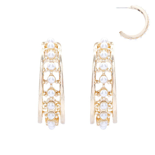 Gold Textured Pearl Hoop Earring