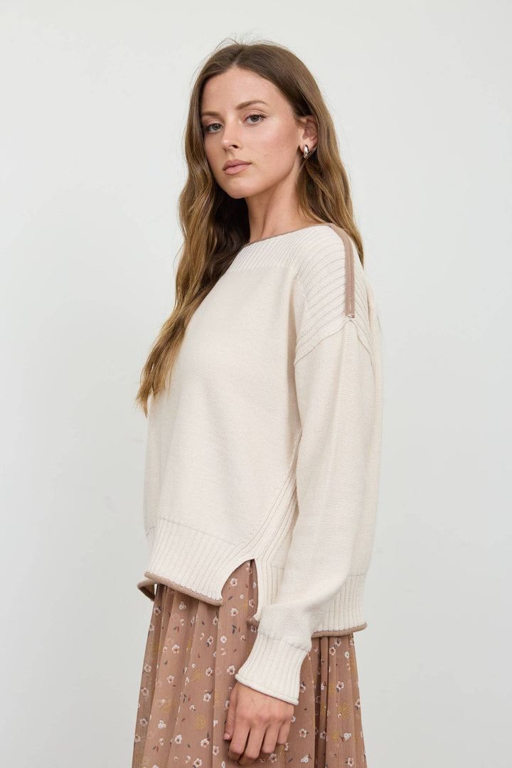 CONTRAST TRIM BOAT NECK RIBBED DETAIL KNIT SWEATER : NAVY