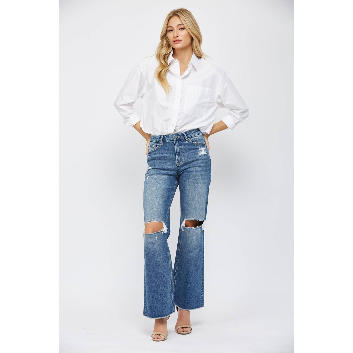 High Waist Distressed Knee Flare Mica Jeans