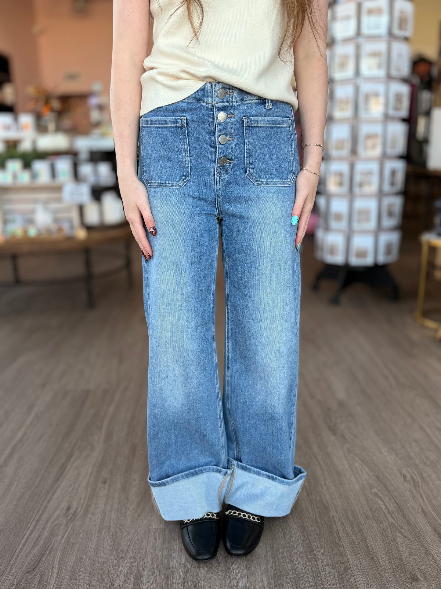 High Rise Ankle Button Down Risen Pocket