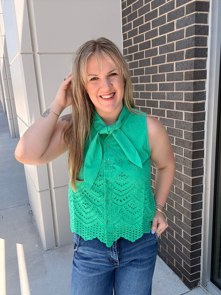 Green Eyelet Sleeveless Blouse