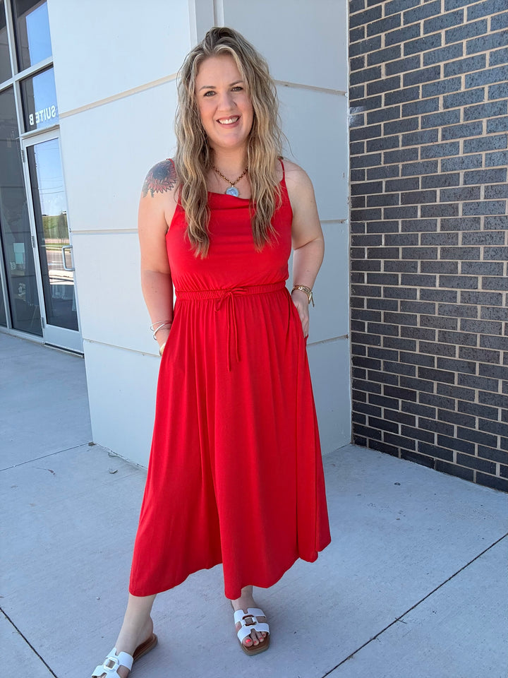 Red Cowl Neck Midi Dress