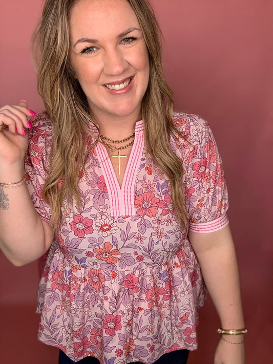 Pink Floral Cuff Band Top