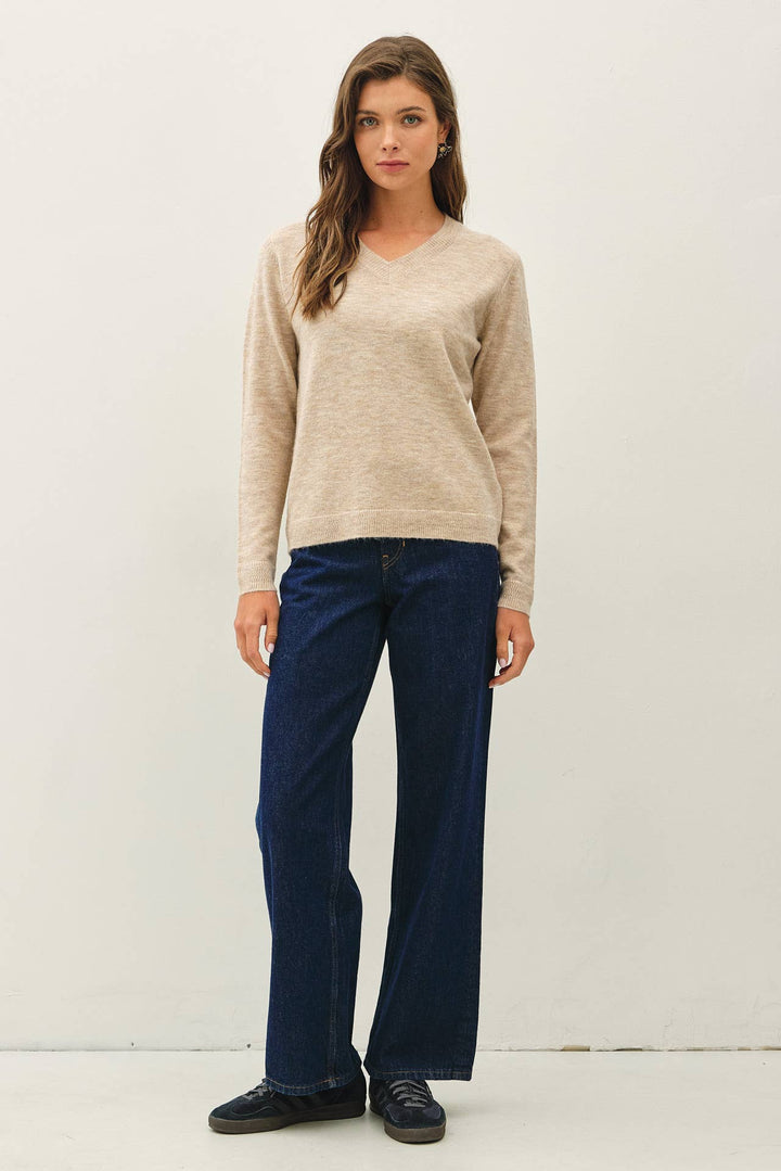 WOOL TOUCH CUFF POINTED V-NECK SWEATER: DUSTY BLUE / L